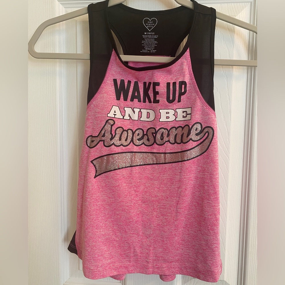 Mad Engine Girls M Pink Black Silver Glitter Tank Top Wake Up and Be Awesome